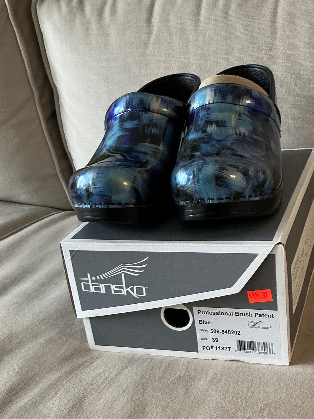 Dansko Blue Brush-Pattern Patent Slip-On Clogs